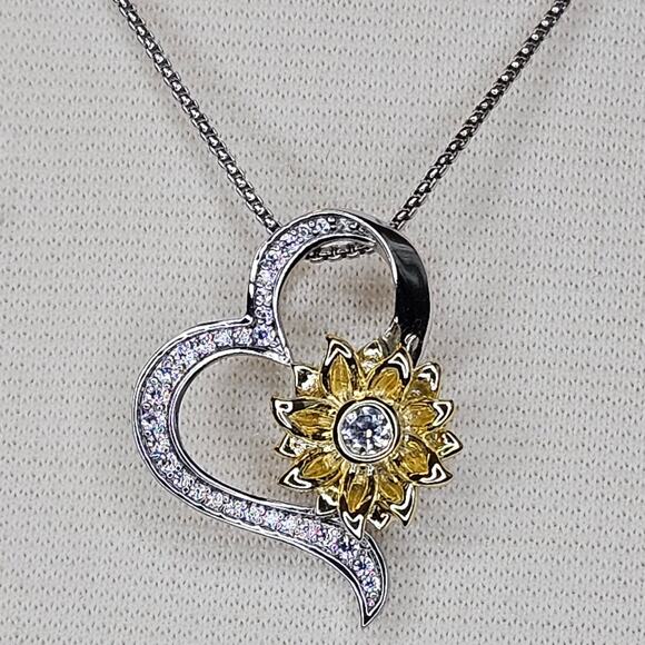 Sunflower Heart Necklace Silvertone Goldtone Clear Rhinestones Appx 21 inches - Picture 1 of 7